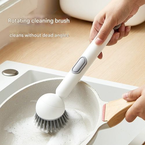 Long Handle Liquid-Adding Rotating Pot Brush, Kitchen-Specific Pot Scrubber, Non-Greasy Non-Scratch Pot Multi-Functional Cleaning Brush