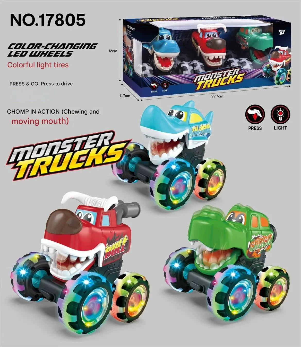 （Three-pack）Kids' Light-Up Toy Car & Hot Press-and-Go Monster Stomp Friction Power Sliding Car - As Gifts