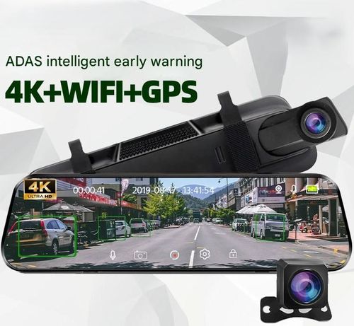 10-Inch Full-Screen ADAS Streaming Media Dash Cam  4K HD Rearview Mirror Dual-Lens with Parking Assistance  Wi-Fi & Mobile APP for Real-Time Video Viewing