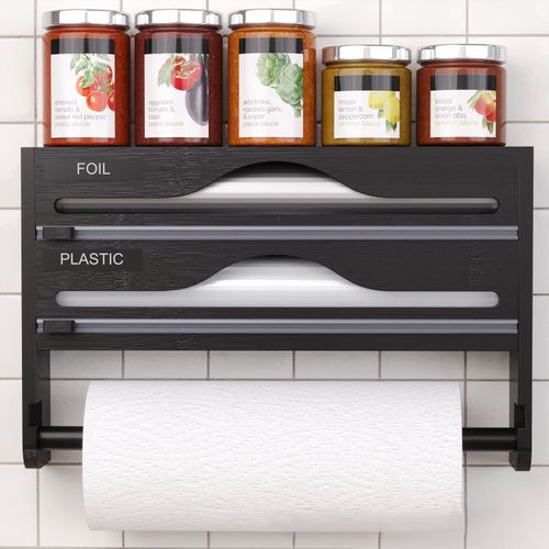 Kitchen Plastic Wrap Cutter - 3-in-1 with Paper Towel Holder, Foil and Parchment Paper Dispenser, Bamboo Storage Box