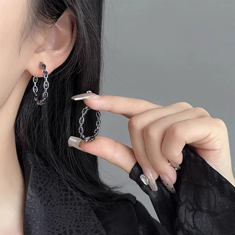 2025 Gothic Punk Earrings - Black Chain Loop w+ Blue Crystals | Edgy Cyberpunk Hoop Earrings for Women