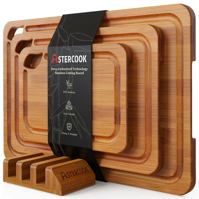 4-Piece Bamboo Cutting Board Set with Holder - Food-Grade Charcuterie & Chopping Boards for Meat, Vegetables, Fruits - Durable, Eco-Friendly, 3 Sizes for Kitchen Use