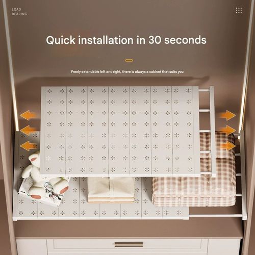 Closet storage shelf organizer, adjustable no-drill cabinet partition, dormitory shoe rack divider, kitchen storage shelf.