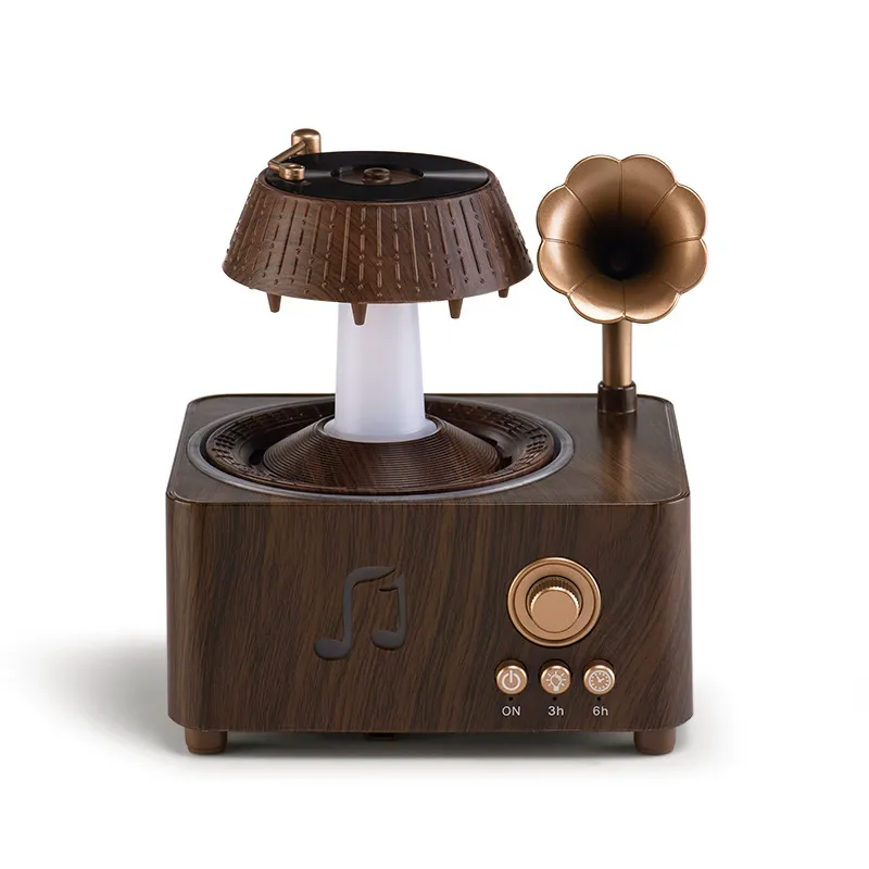 Remote Control Rotating Drop-shaped Aroma Diffuser - Retro Disc Design, High-Mist Output, Wood Grain Humidifier
