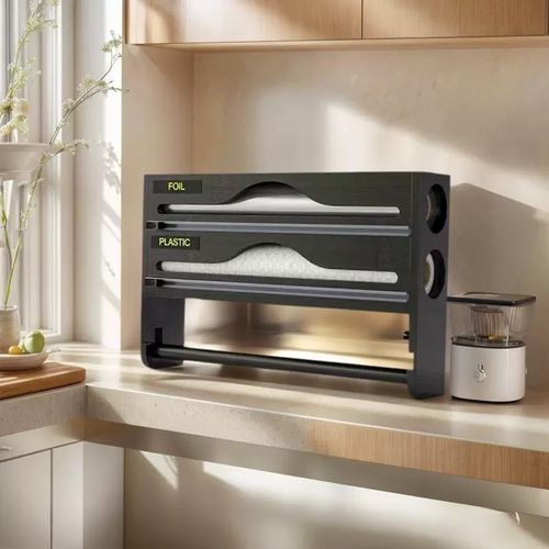 Kitchen Plastic Wrap Cutter - 3-in-1 with Paper Towel Holder, Foil and Parchment Paper Dispenser, Bamboo Storage Box