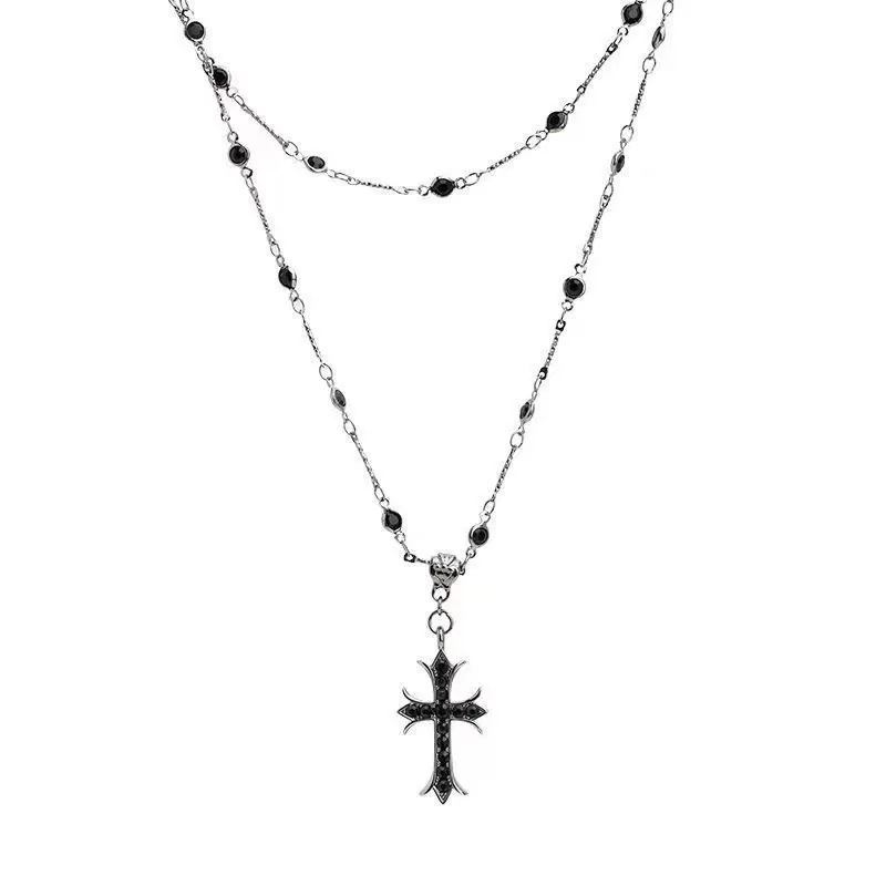 New Popular Dark Zircon Cross Bead Necklace - Fashion Long Double-Layer Stackable Sweet & Cool Style