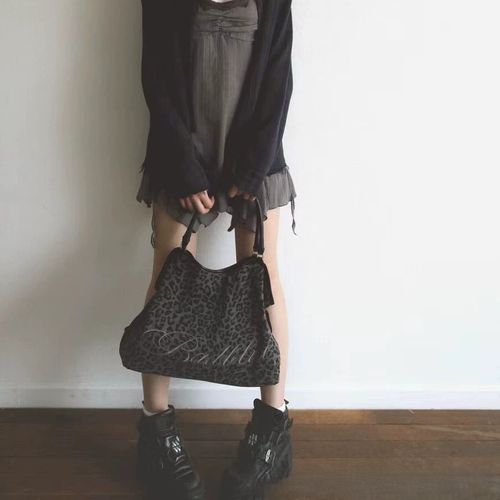 Korean Indie Brand 'badblue' Embroidered Leopard Print Shoulder Tote with Mirror Charm - Y2K Cute & Sexy Large Bag