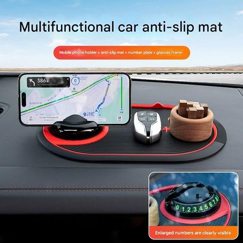 Multi-functional 4-in-1 Car Phone Holder - Features a Hideable Phone Stand, Slip-Free Pad, Navigation Mount, and Parking Number Card.
