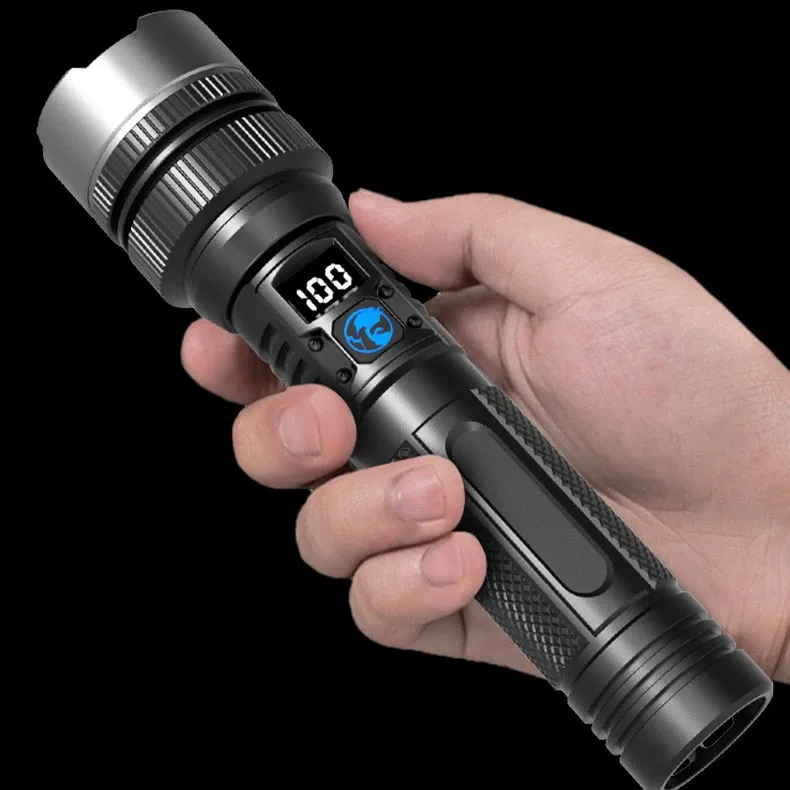 High-Power White Laser Flashlight, Multifunctional Digital Display Rechargeable Zoom Outdoor Patrol Searchlight