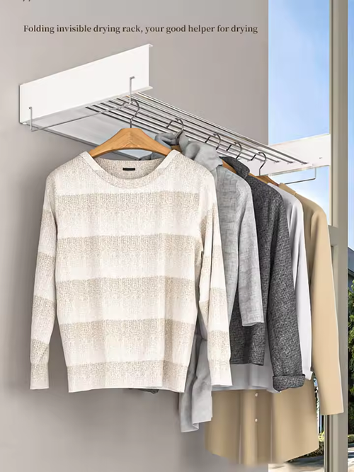 Indoor Folding Wall-mounted Hidden Drying Rack Rod Cloth Rack Balcony Clothesline Pole Hanger Towel household Storage Rack