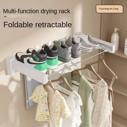 Indoor Folding Wall-mounted Hidden Drying Rack Rod Cloth Rack Balcony Clothesline Pole Hanger Towel household Storage Rack