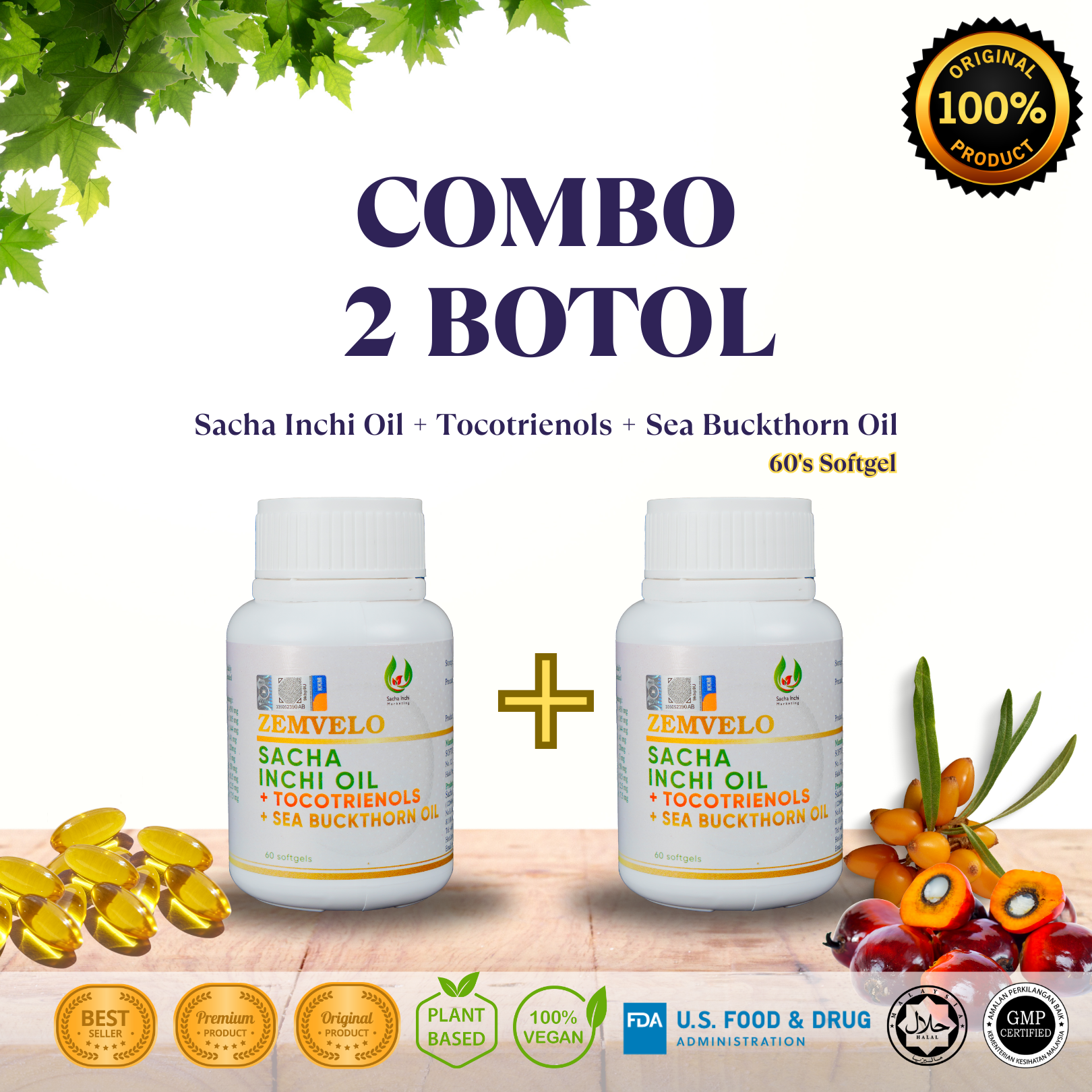 PROMO – COMBO 2 BOTOL ZEMVELO Sacha Inchi Tocotrienol Seabuckthorn Oil