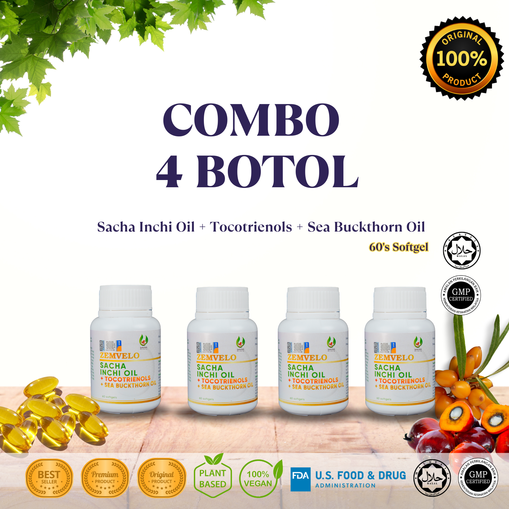 COMBO 4 BOTOL ZEMVELO Sacha Inchi Tocotrienol Seabuckthorn Oil