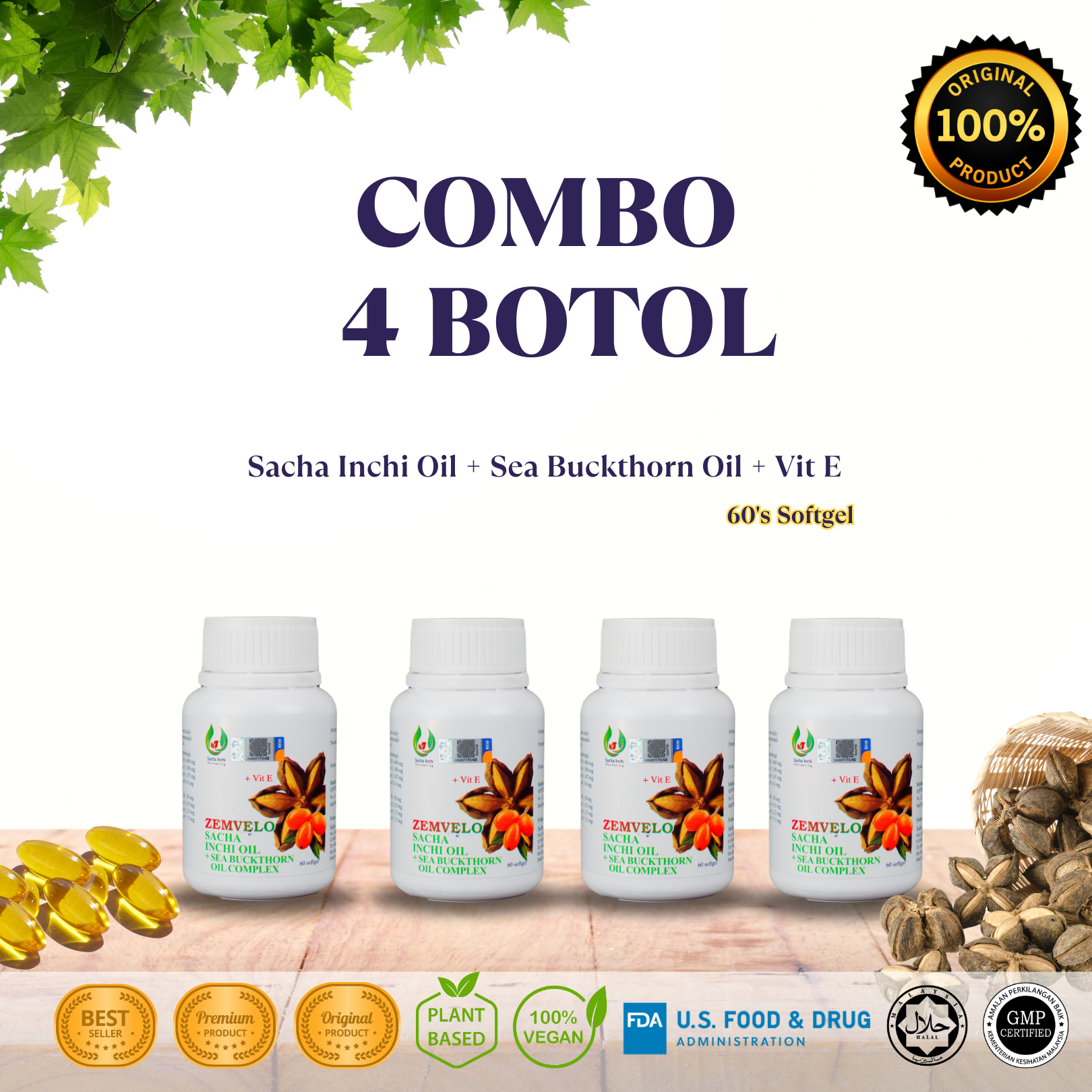 COMBO 4 BOTOL – ZEMVELO Sacha Inchi Seabuckthorn Oil Vitamin E