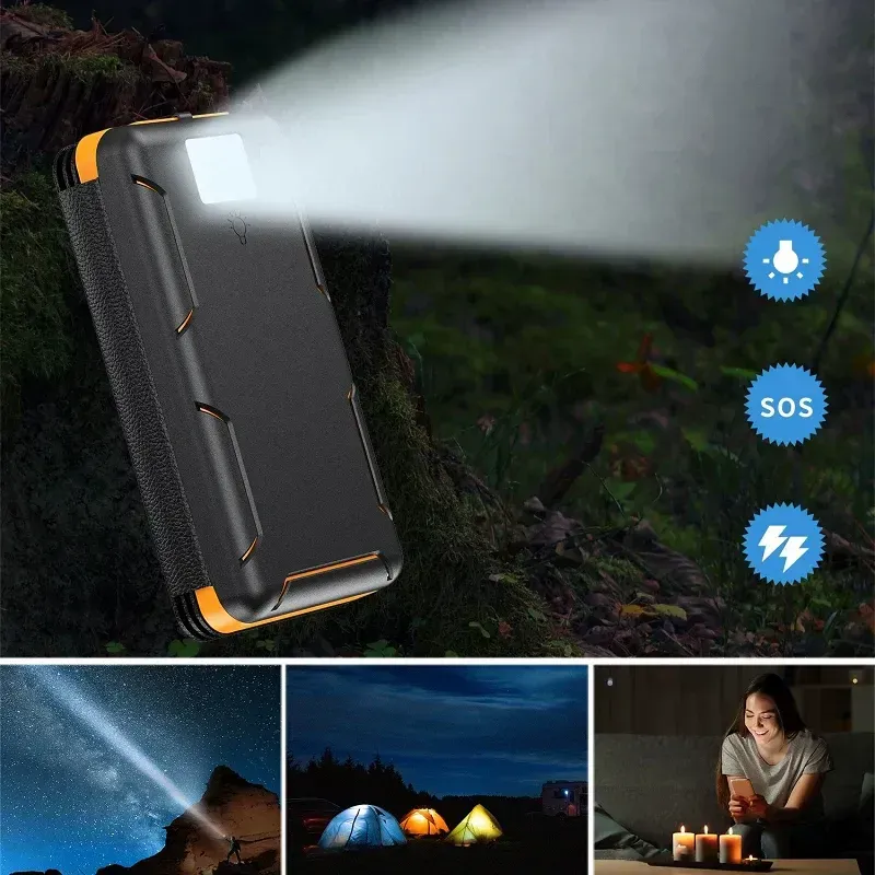 20000mAh Solar Panel Waterproof Outdoor Camping LED Built in Cables Wireless Solar Power Bank