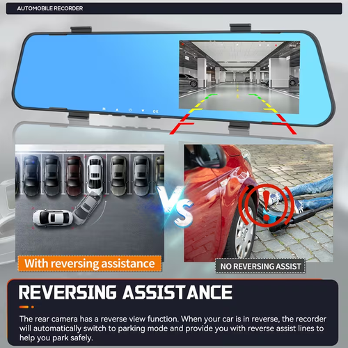 PODOFO 4.5inch dual-lens dash cam 1080P front view and 480P rear view automatic reverse view night vision, motion detection, parking assistance suction cup mount compatible with smart phones  parking assistance system (for in-car DVR)