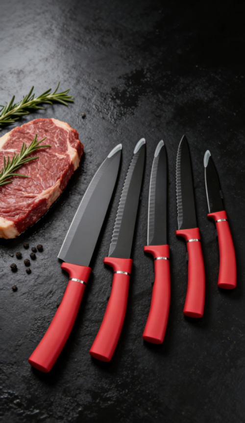 Red-handled, black-bladed kitchen knife set – making cooking an enjoyable experience!