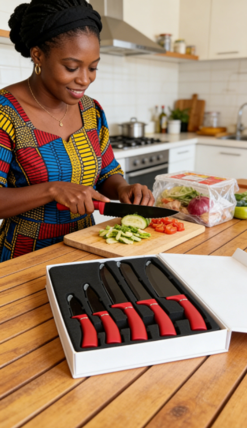 Red-handled, black-bladed kitchen knife set – making cooking an enjoyable experience!