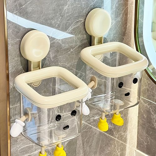 1 piece of cute toothbrush storage rack, household wall mounted non perforated suction cup, high-end multifunctional transparent storage box for bathroom