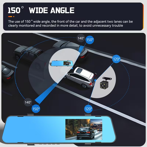 PODOFO 4.5inch dual-lens dash cam 1080P front view and 480P rear view automatic reverse view night vision, motion detection, parking assistance suction cup mount compatible with smart phones  parking assistance system (for in-car DVR)