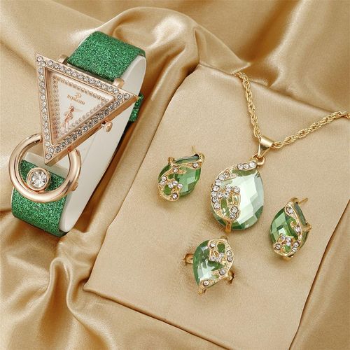 5pcs Set Watch for Women Watch Best Selling Fashion Versatile Women's Creative Inverted Triangle Rhinestone Crystal Quartz Watch