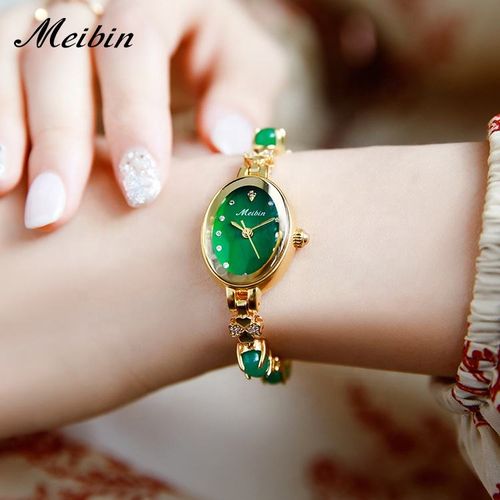 🔥🔥Internet Celebrity Women's Quartz Watch Emerald-Decorated Luxury Stainless Steel Bracelet Fashionable One-Piece Waterproof