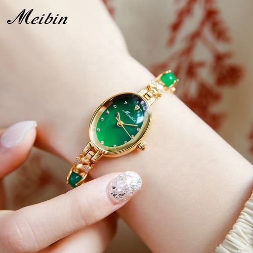🔥🔥Internet Celebrity Women's Quartz Watch Emerald-Decorated Luxury Stainless Steel Bracelet Fashionable One-Piece Waterproof
