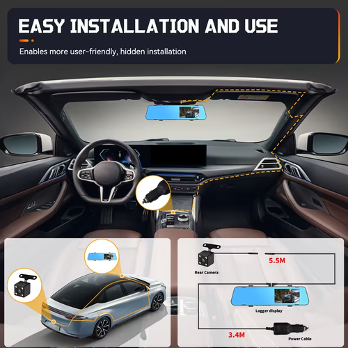 PODOFO 4.5inch dual-lens dash cam 1080P front view and 480P rear view automatic reverse view night vision, motion detection, parking assistance suction cup mount compatible with smart phones  parking assistance system (for in-car DVR)