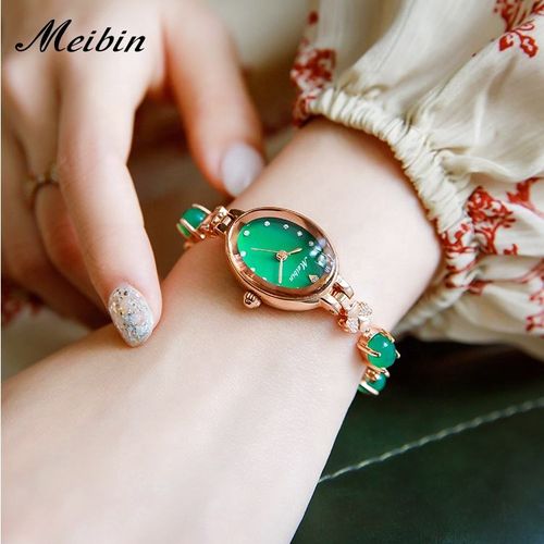 🔥🔥Internet Celebrity Women's Quartz Watch Emerald-Decorated Luxury Stainless Steel Bracelet Fashionable One-Piece Waterproof