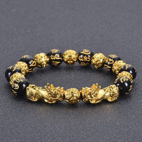 Hand-Carved Obsidian Crystal Bracelet with Eastern Cultural Motifs | Gold Accent Lucky Ornament