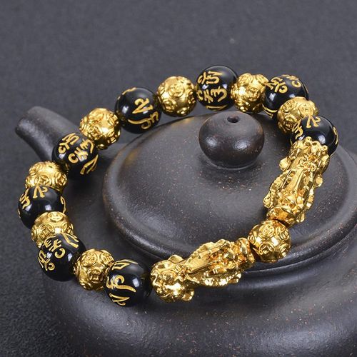 Hand-Carved Obsidian Crystal Bracelet with Eastern Cultural Motifs | Gold Accent Lucky Ornament
