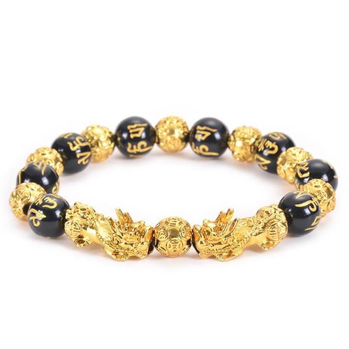 Hand-Carved Obsidian Crystal Bracelet with Eastern Cultural Motifs | Gold Accent Lucky Ornament