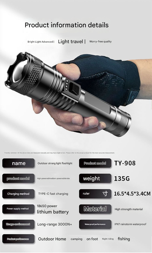 New LED Strong Light Flashlight, Super Bright Long-range, Long-lasting Rechargeable, Multi-functional Portable Emergency Work Light for Outdoor & Home