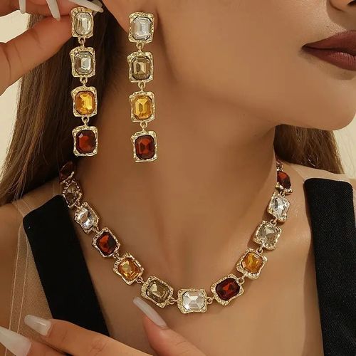 Geometric Cut Colorful Rhinestones Choker Necklace and Earrings Luxury Style Jewelry For Banquet