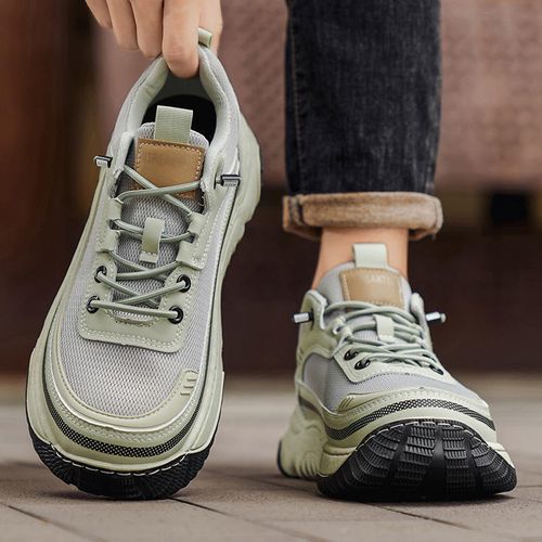 Men's Light Gray Chunky Sneakers - Mesh Panel, Thick Sole, Stylish Casual Athletic Shoes for Trendy Outfits