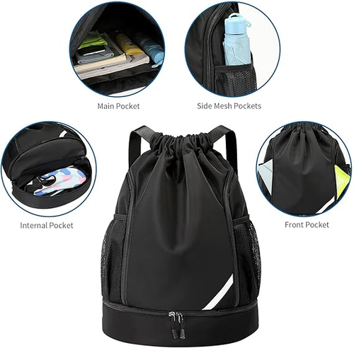 Drawstring Backpack Water Resistant String Bag Gym Sports with Shoe Compartment Side Mesh Pockets for Women Men