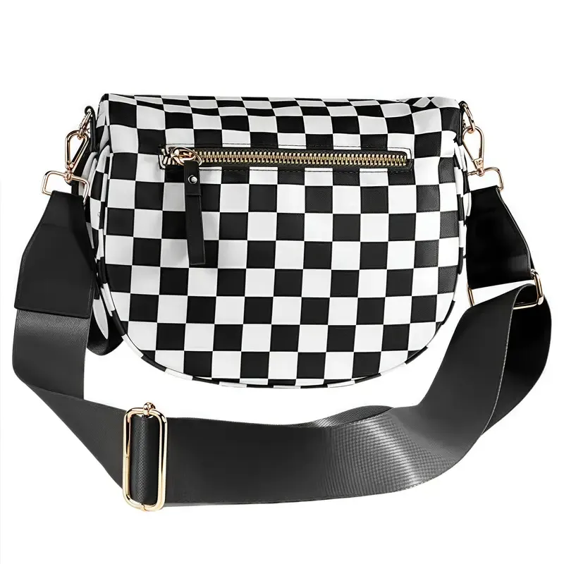 Large Black Nylon Crossbody Bag with Colorful Checkered Pattern - Spacious Design, Adjustable Strap, Zip Closure, Ideal for Everyday Use