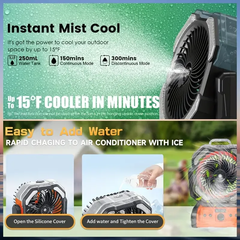 USB Rechargeable, High-Velocity Cooling Fan, Durable Emergency Light - Perfect for Outdoor Enthusiasts and Campers, Extended Battery Life