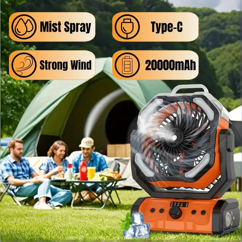 USB Rechargeable, High-Velocity Cooling Fan, Durable Emergency Light - Perfect for Outdoor Enthusiasts and Campers, Extended Battery Life