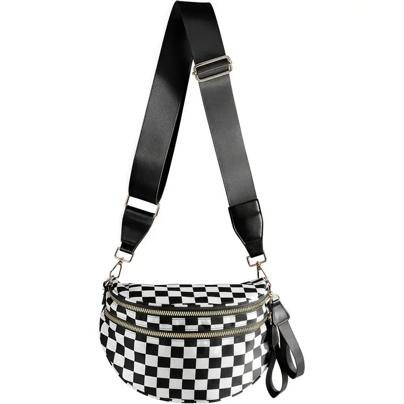 Large Black Nylon Crossbody Bag with Colorful Checkered Pattern - Spacious Design, Adjustable Strap, Zip Closure, Ideal for Everyday Use