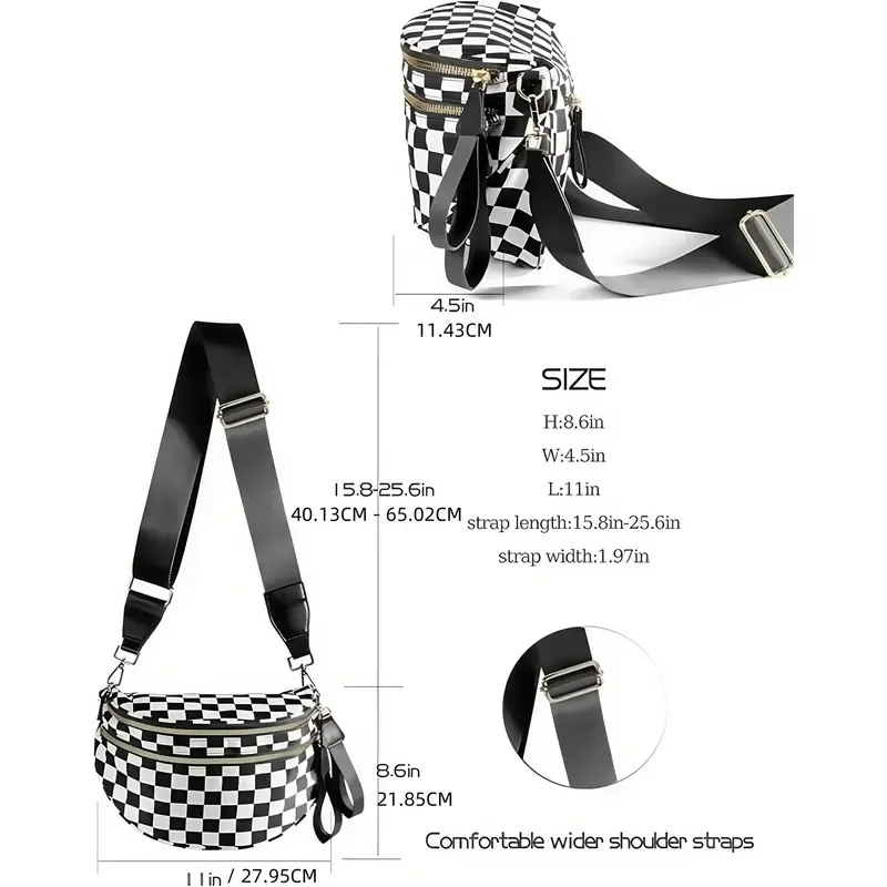 Large Black Nylon Crossbody Bag with Colorful Checkered Pattern - Spacious Design, Adjustable Strap, Zip Closure, Ideal for Everyday Use
