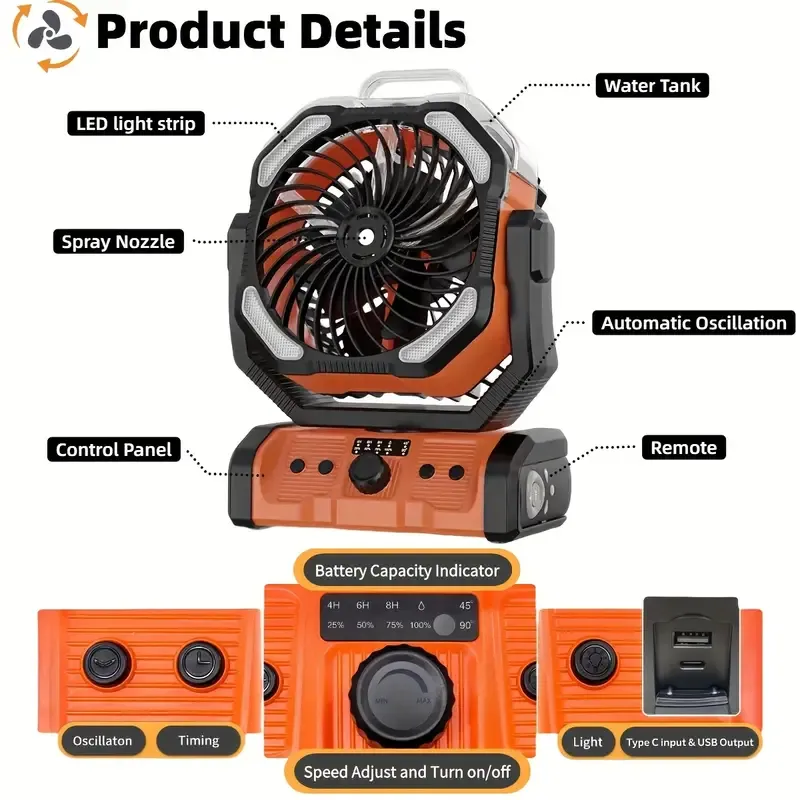 USB Rechargeable, High-Velocity Cooling Fan, Durable Emergency Light - Perfect for Outdoor Enthusiasts and Campers, Extended Battery Life