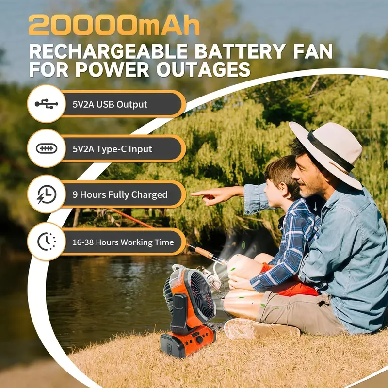USB Rechargeable, High-Velocity Cooling Fan, Durable Emergency Light - Perfect for Outdoor Enthusiasts and Campers, Extended Battery Life