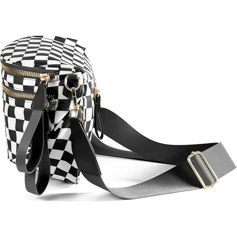 Large Black Nylon Crossbody Bag with Colorful Checkered Pattern - Spacious Design, Adjustable Strap, Zip Closure, Ideal for Everyday Use