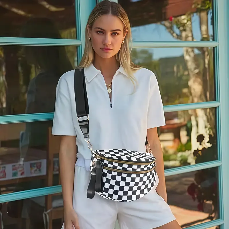Large Black Nylon Crossbody Bag with Colorful Checkered Pattern - Spacious Design, Adjustable Strap, Zip Closure, Ideal for Everyday Use