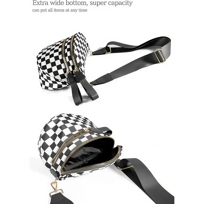 Large Black Nylon Crossbody Bag with Colorful Checkered Pattern - Spacious Design, Adjustable Strap, Zip Closure, Ideal for Everyday Use