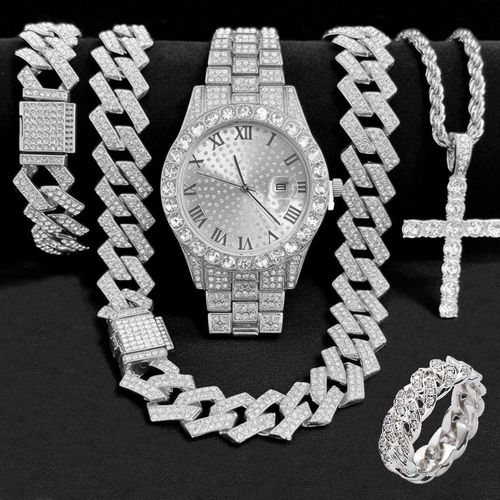 hip hop jewelry set  （Includes watches, necklaces, bracelets, and rings.）（gold style）