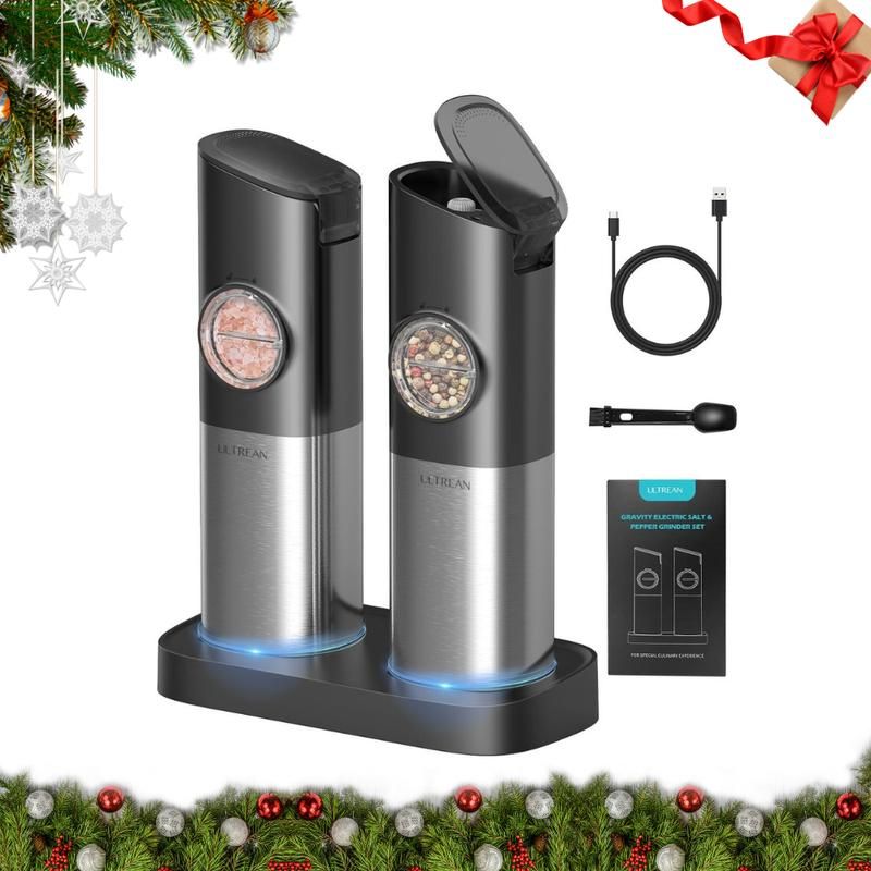 Ultrean Electric Salt & Pepper Grinder Sets, 2pcs Rechargeable, Adjustable, Modern Stainless Steel Construction, Seasoning Auto Dust Lids, LED one-hand operation Kitchen Utensils