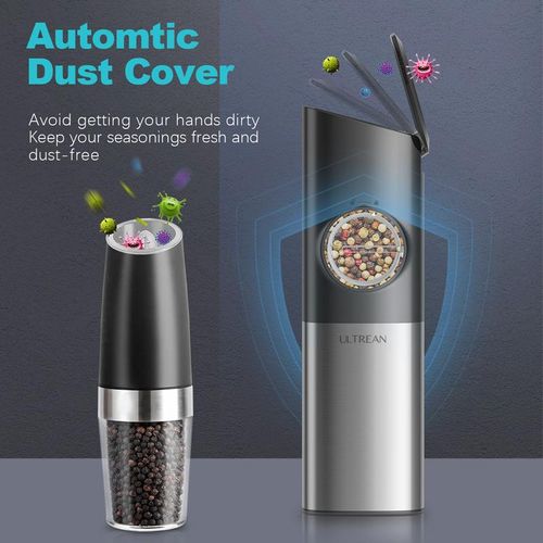 Ultrean Electric Salt & Pepper Grinder Sets, 2pcs Rechargeable, Adjustable, Modern Stainless Steel Construction, Seasoning Auto Dust Lids, LED one-hand operation Kitchen Utensils