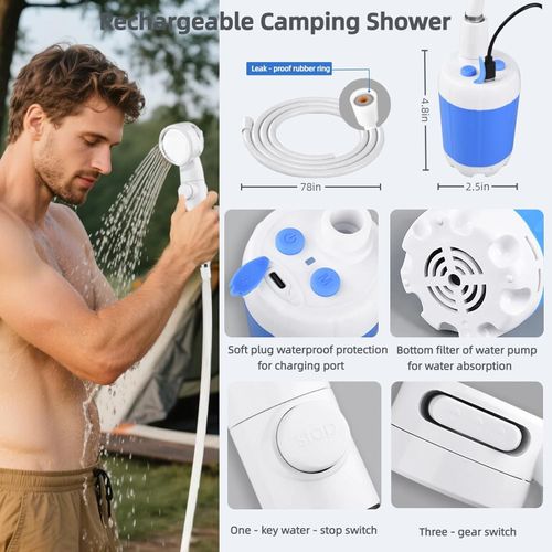 Portable Camping Shower Pump – USB Rechargeable Outdoor Shower with 2 Spray Modes, Waterproof Electric Shower Head, Pumps Water from Bucket for Camping, Hiking, Travel, Car Washing & Pet Cleaning